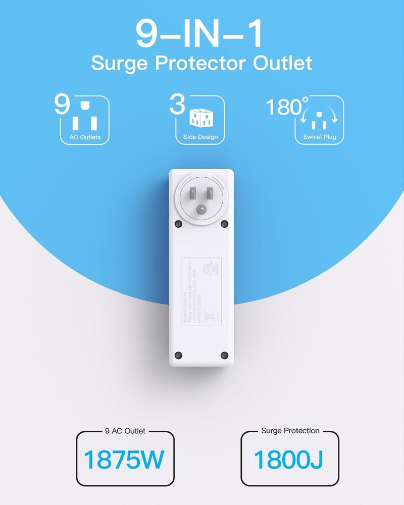 One Beat Surge Protector Outlet Extender with Rotating Plug, 9 AC Multi Plug Wall Outlet Expander, 1800J Wall Charger, 3-Sided Power Strip Electrical Plug Adapter Outlet Splitter for Home Office College Dorm - Image 3
